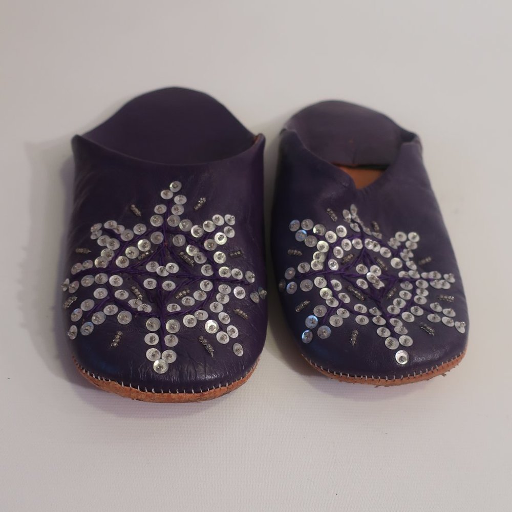 Womens Bloomingdale's Purple Silver Sequined Beaded Leather Slipper Slides 7.5 *